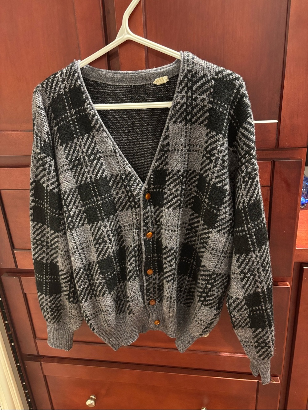 Men's Black & Gray Plaid V-Neck Cardigan Sweater